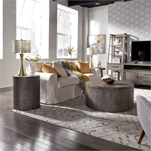 Pemberly Row 3 Piece Drum Cocktail and End Table Set with Casters in Gray
