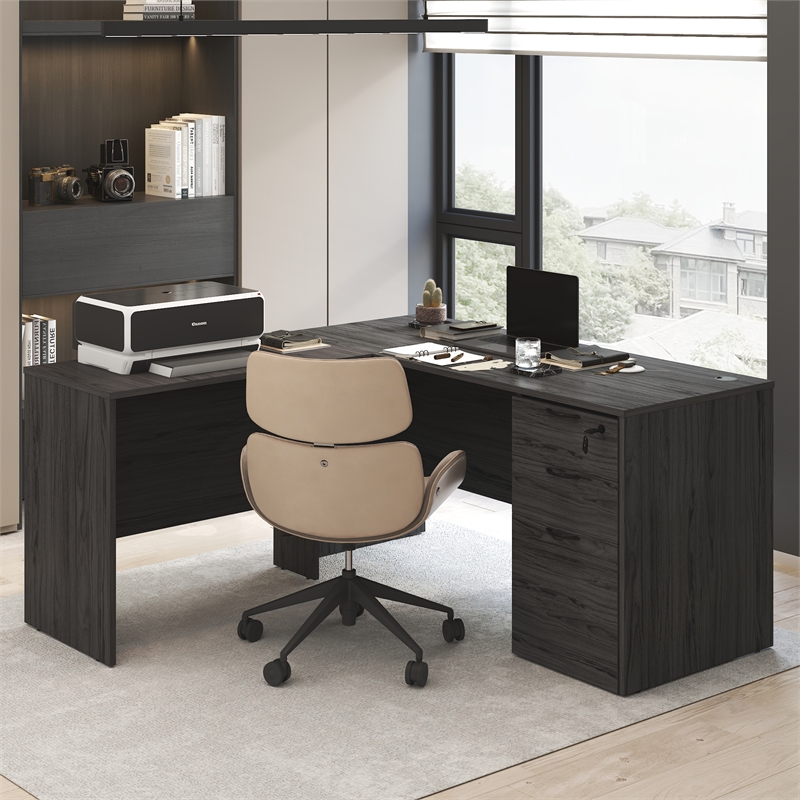 Pemberly Row 60 Inch Computer Desk with Cord Grommet in Coastal Grey