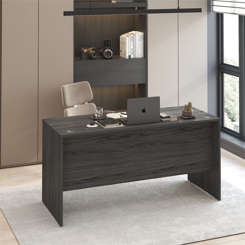 Pemberly Row 60 Inch Computer Desk with Cord Grommet in Coastal Grey