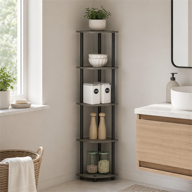 Pemberly Row 5-Tier Corner Display Rack Shelving Unit in Grey Oak