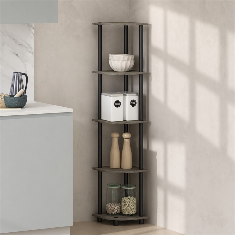 Pemberly Row 5-Tier Corner Display Rack Shelving Unit in Grey Oak