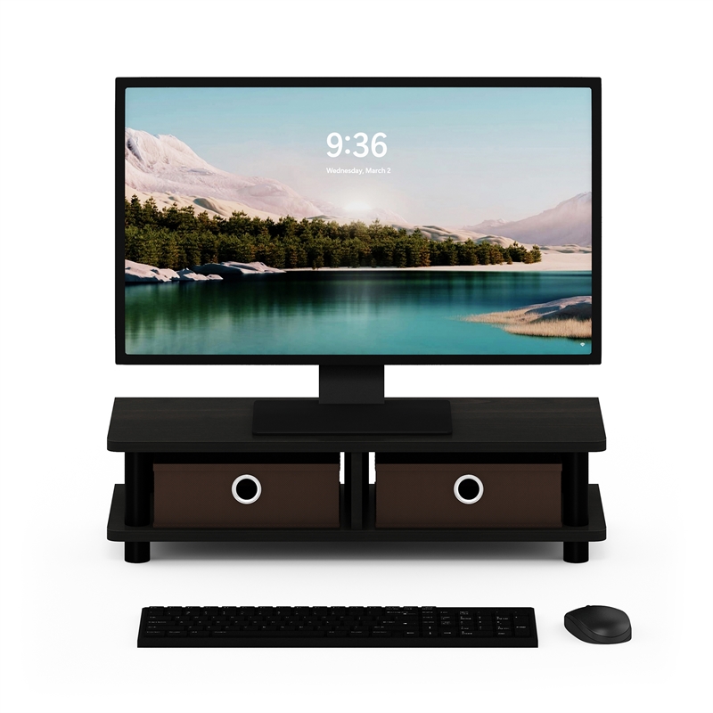 Pemberly Row Monitor Stand with Foldable Bins in Espresso/Black