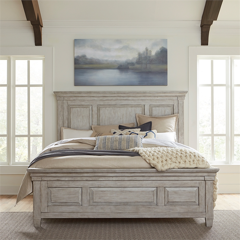 Pemberly Row Antique White King Panel Bed with Heavy Crown and Tapered Feet