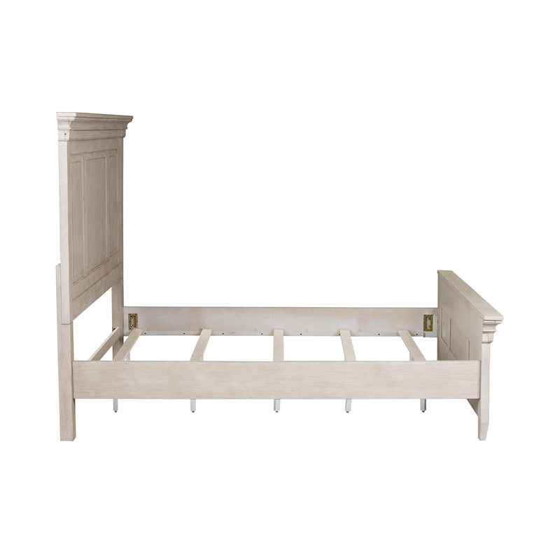 Pemberly Row Antique White King Panel Bed with Heavy Crown and Tapered Feet