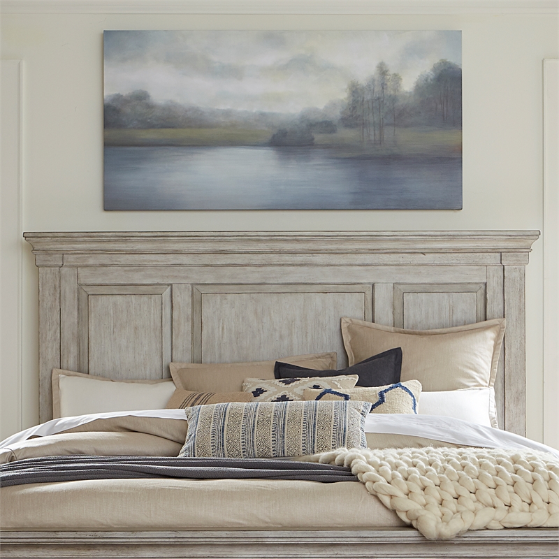 Pemberly Row Antique White King Panel Bed with Heavy Crown and Tapered Feet