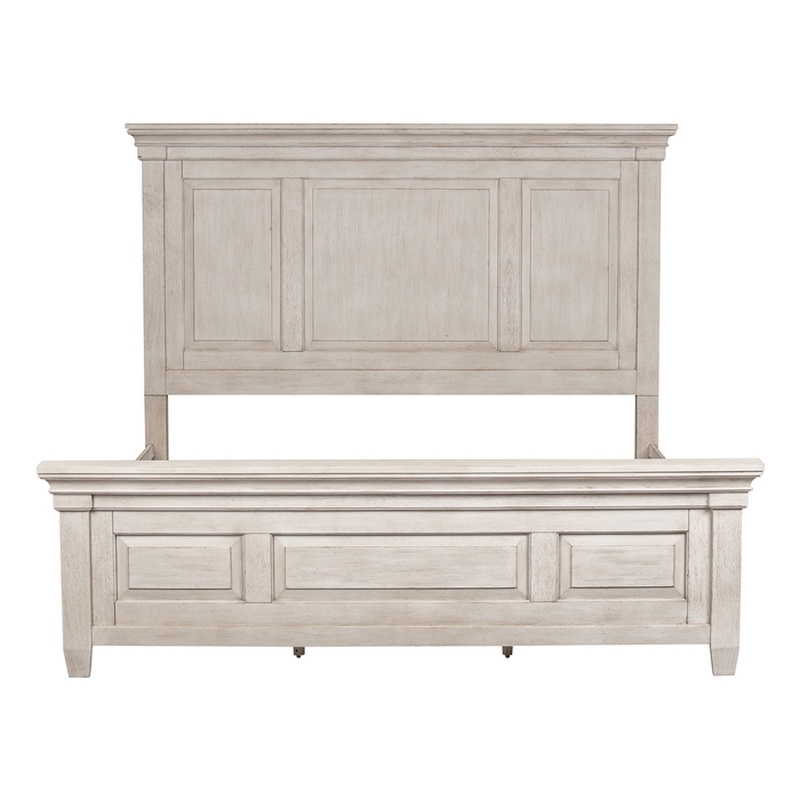 Pemberly Row Antique White King Panel Bed with Heavy Crown and Tapered Feet