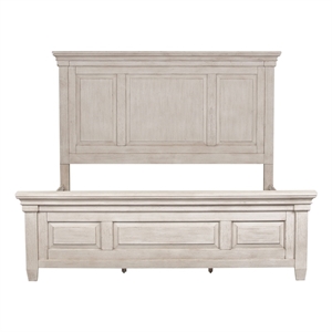 Pemberly Row Antique White King Panel Bed with Heavy Crown and Tapered Feet