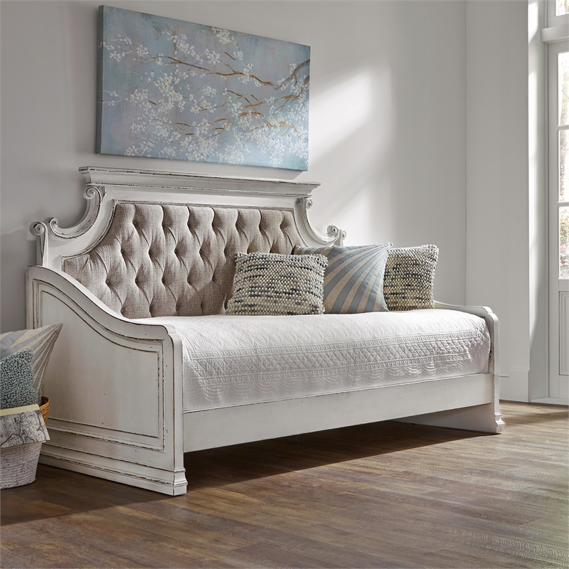 Pemberly Row White Twin Daybed with Framed End Panels and Scrolled Cap Rail
