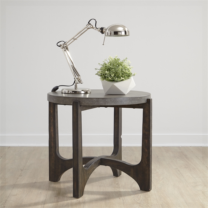 Pemberly Row Dark Brown End Table with Concrete Composite Tops and Shaped Legs