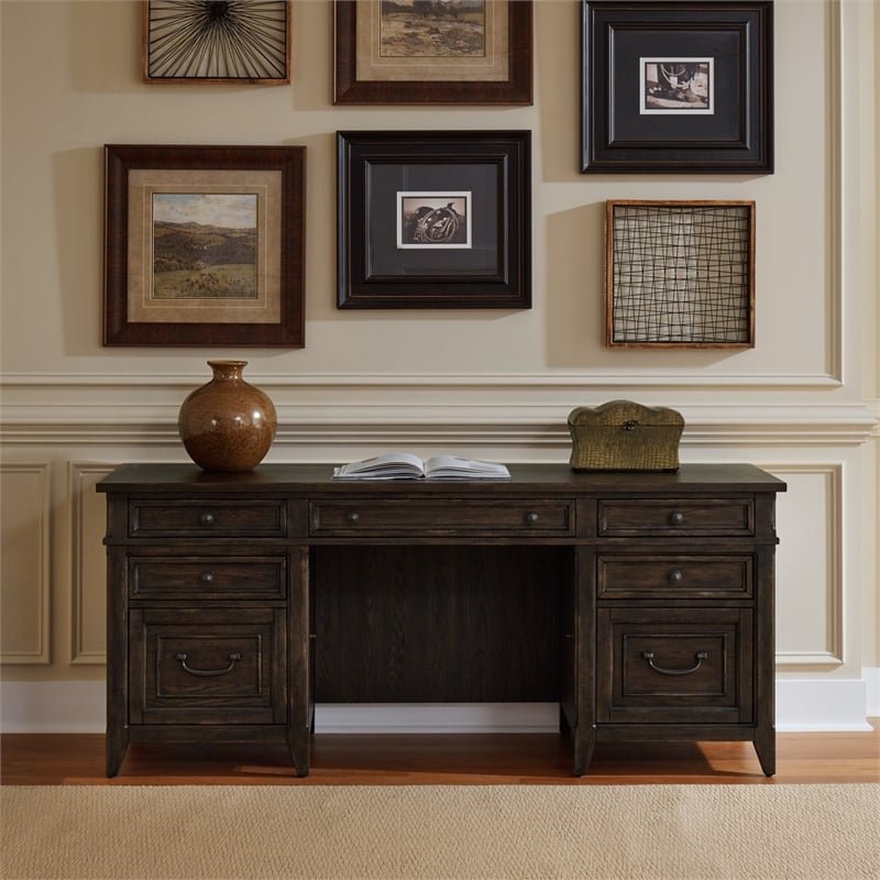 Pemberly Row Jr Executive Credenza in Rubberwood Saddle Brown Finish