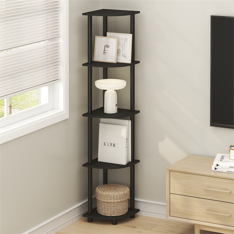 Pemberly Row 5 Tier Corner Bookshelf with Tool-Free Assembly in Black Espresso