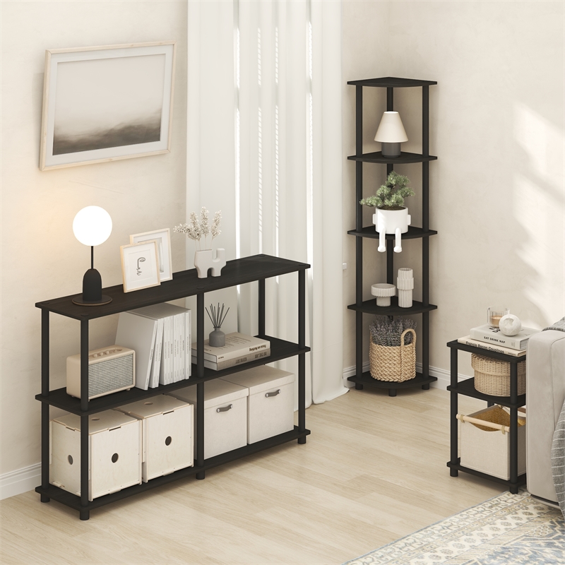 Pemberly Row 5 Tier Corner Bookshelf with Tool-Free Assembly in Black Espresso