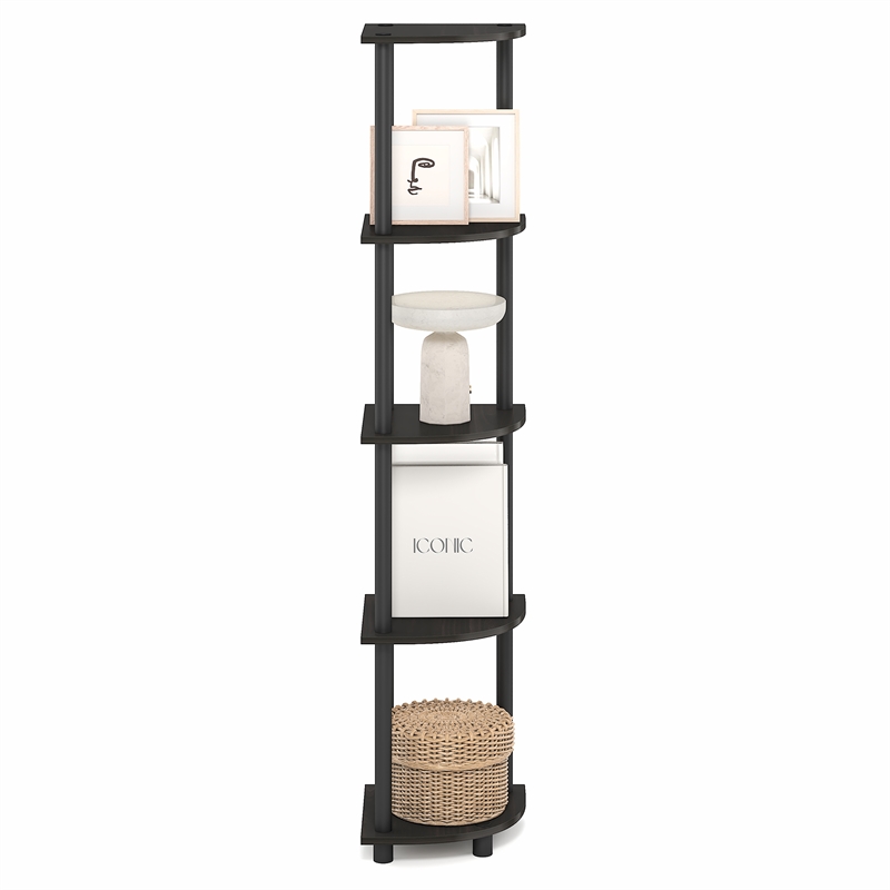 Pemberly Row 5 Tier Corner Bookshelf with Tool-Free Assembly in Black Espresso