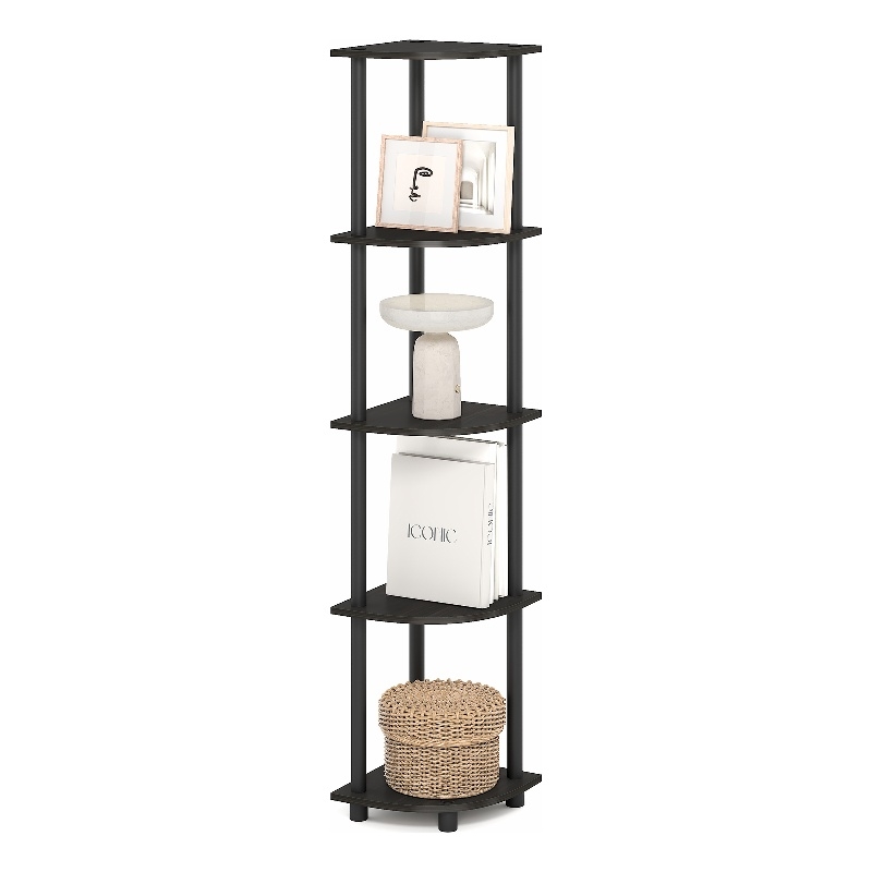 Pemberly Row 5 Tier Corner Bookshelf with Tool-Free Assembly in Black Espresso
