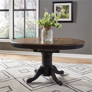 Pemberly Row Black Pedestal Table Set with Butterfly Leaf and Spindle Chairs