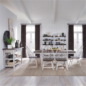 Pemberly Row 7-Piece Trestle Table Set in White and Wood-Tone Finish