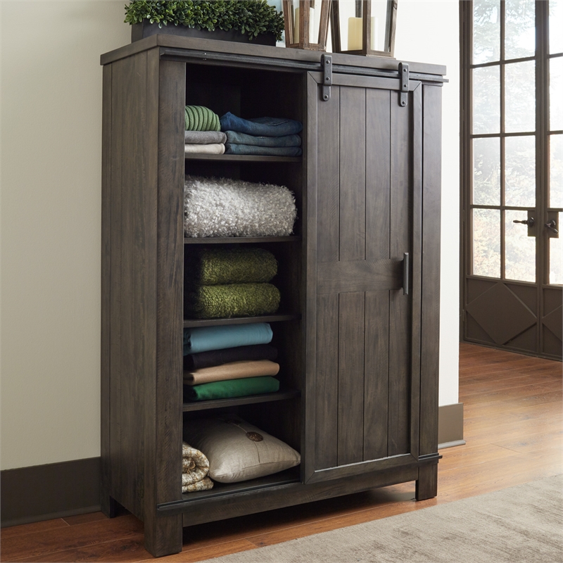Pemberly Row Dark Gray Sliding Door Chest with Dovetail Construction