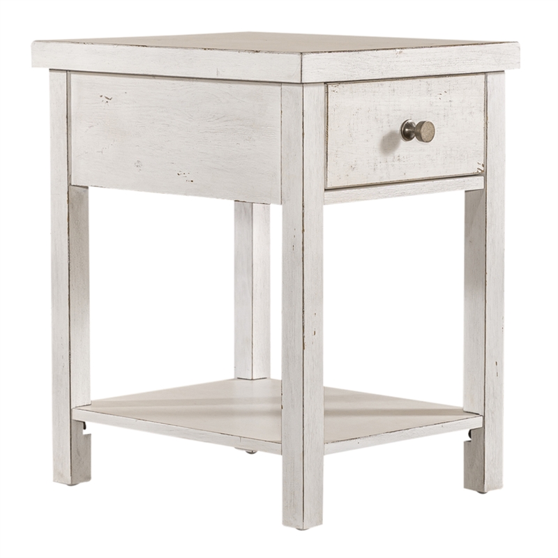 Pemberly Row White Drawer Chair Side Table with Dovetail Construction