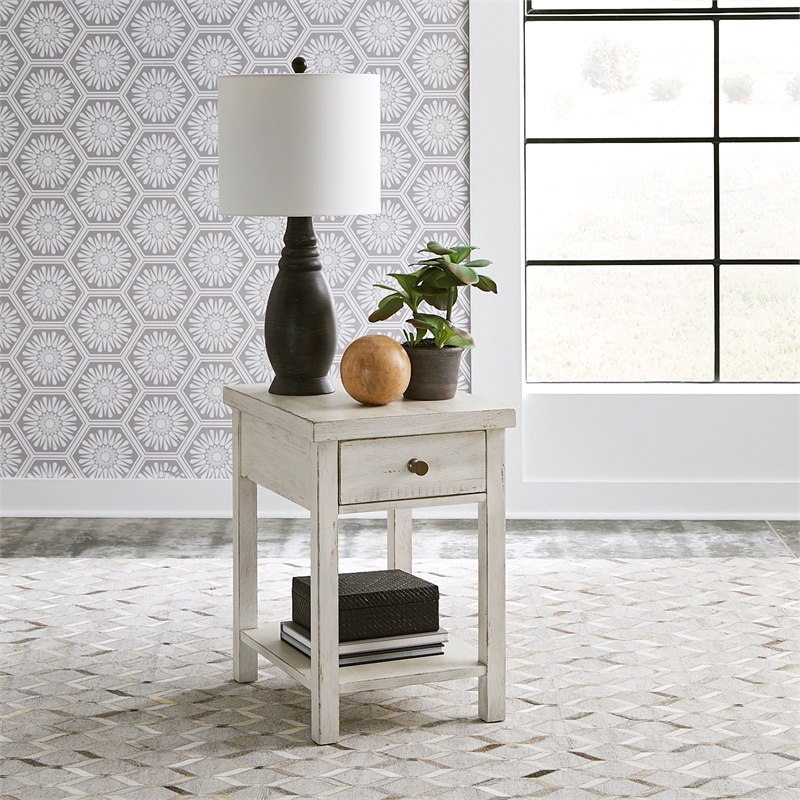 Pemberly Row White Drawer Chair Side Table with Dovetail Construction
