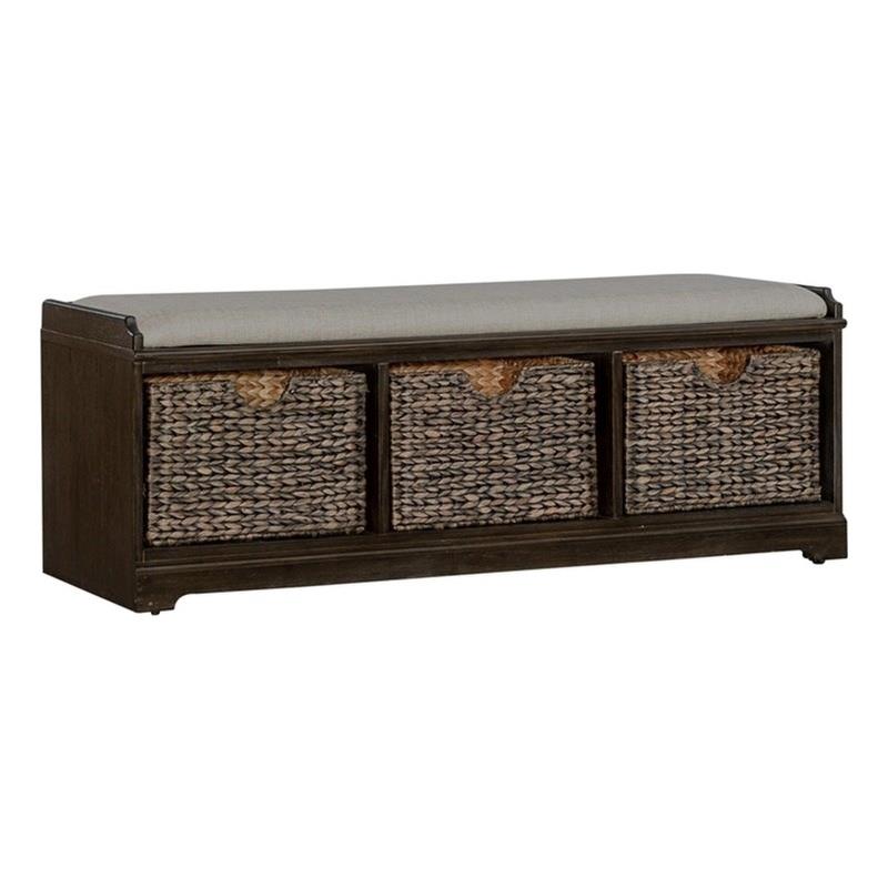Pemberly Row Wood Wall Bench with Sea Grass Baskets in Peppercorn Espresso