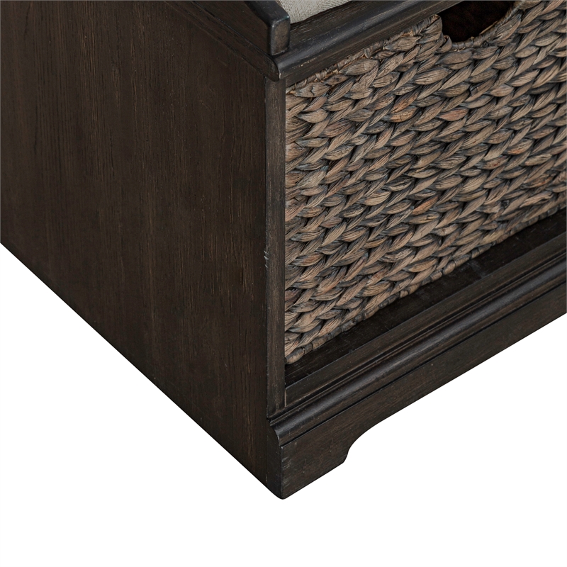 Pemberly Row Wood Wall Bench with Sea Grass Baskets in Peppercorn Espresso