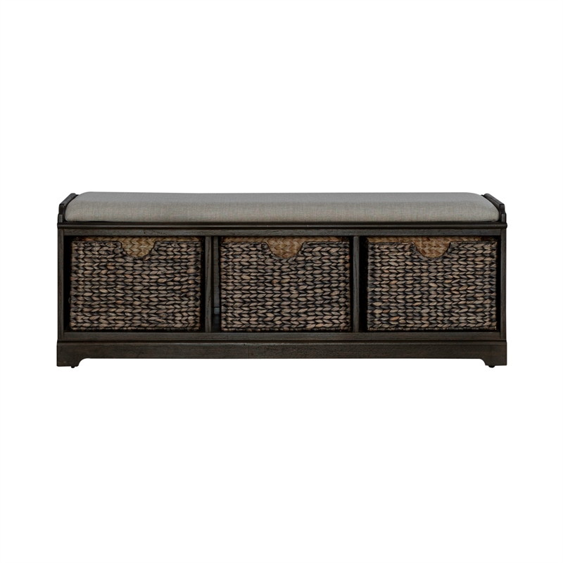 Pemberly Row Wood Wall Bench with Sea Grass Baskets in Peppercorn Espresso