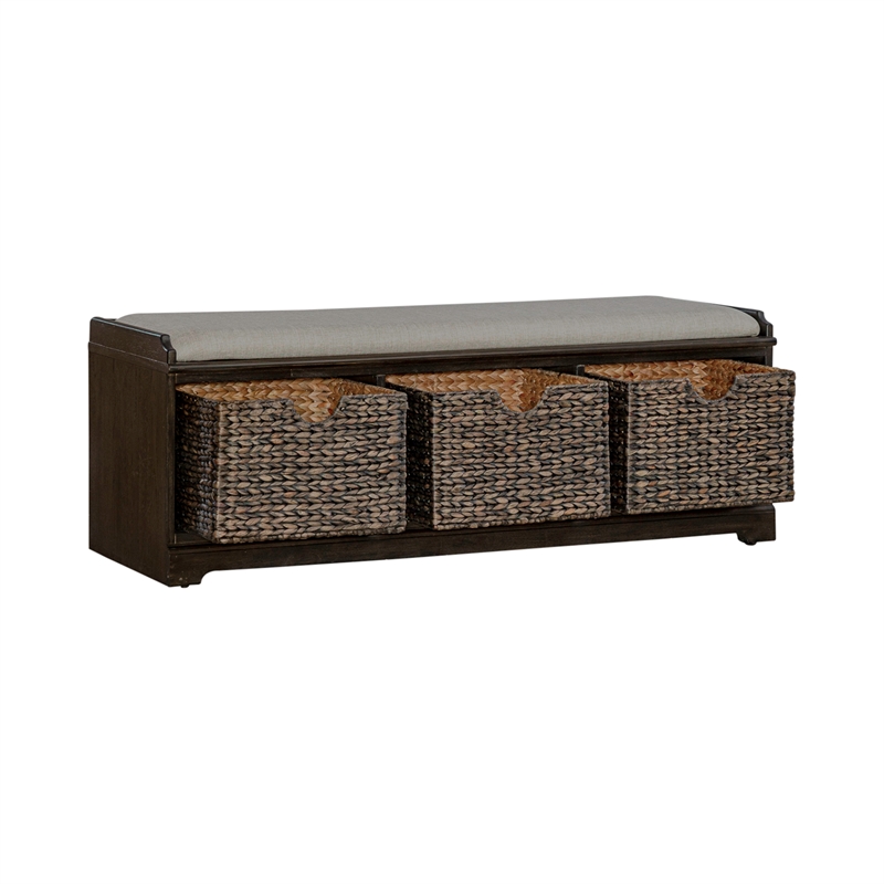 Pemberly Row Wood Wall Bench with Sea Grass Baskets in Peppercorn Espresso