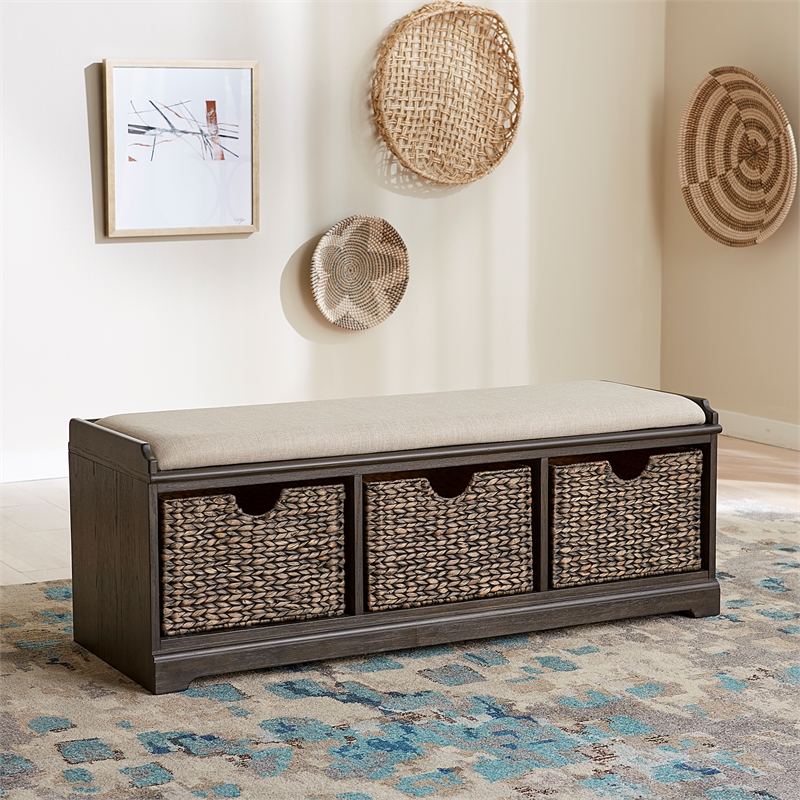 Pemberly Row Wood Wall Bench with Sea Grass Baskets in Peppercorn Espresso