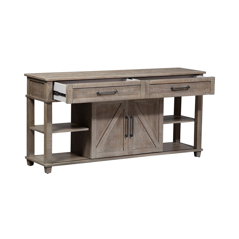 Pemberly Row Light Brown Sofa Table with 2 Sliding Doors and Dovetail