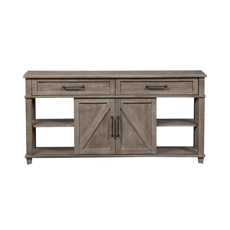 Pemberly Row Light Brown Sofa Table with 2 Sliding Doors and Dovetail