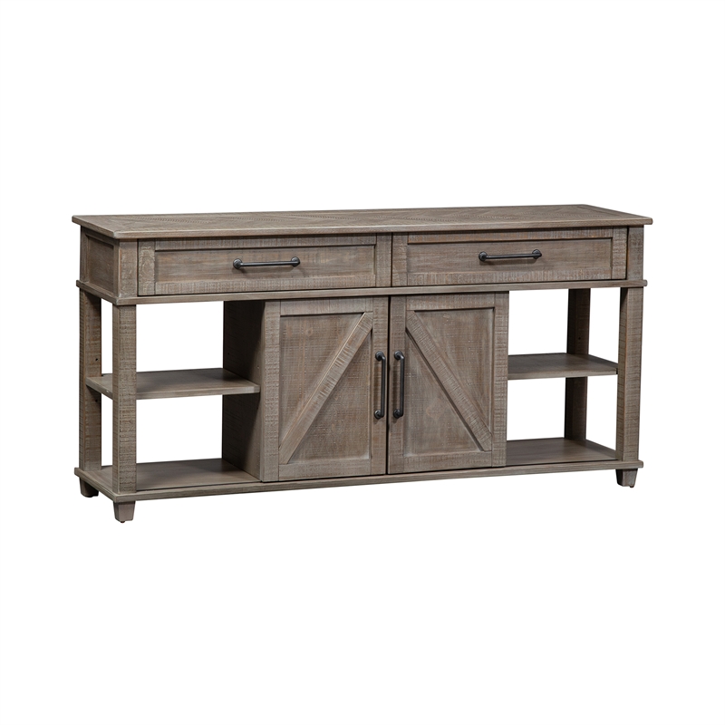 Pemberly Row Light Brown Sofa Table with 2 Sliding Doors and Dovetail