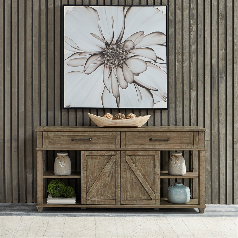 Pemberly Row Light Brown Sofa Table with 2 Sliding Doors and Dovetail