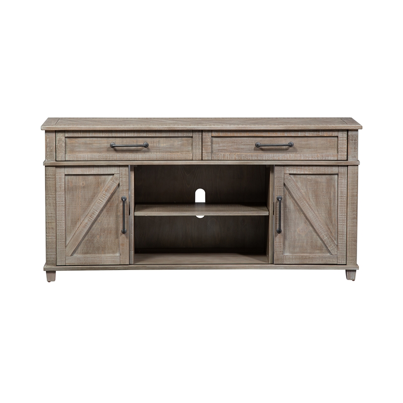 Pemberly Row Light Brown Sofa Table with 2 Sliding Doors and Dovetail