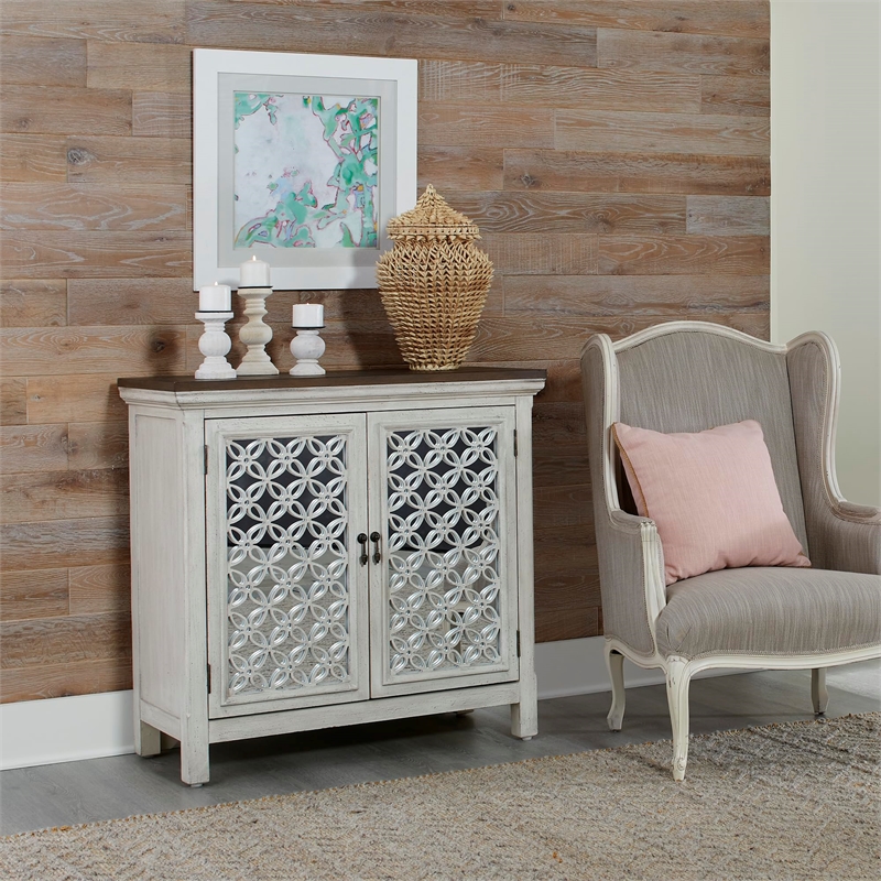 Pemberly Row 2 Door Accent Cabinet in White/Gray with Mirrored Glass