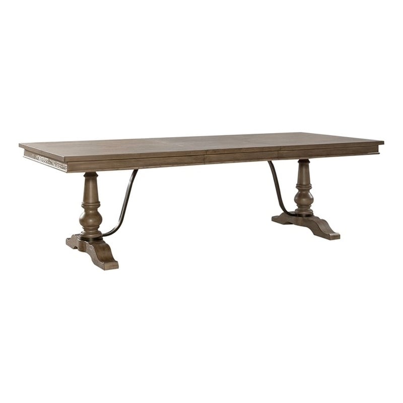Pemberly Row Farmhouse Trestle Table Set with Turned Legs in Dusty Taupe