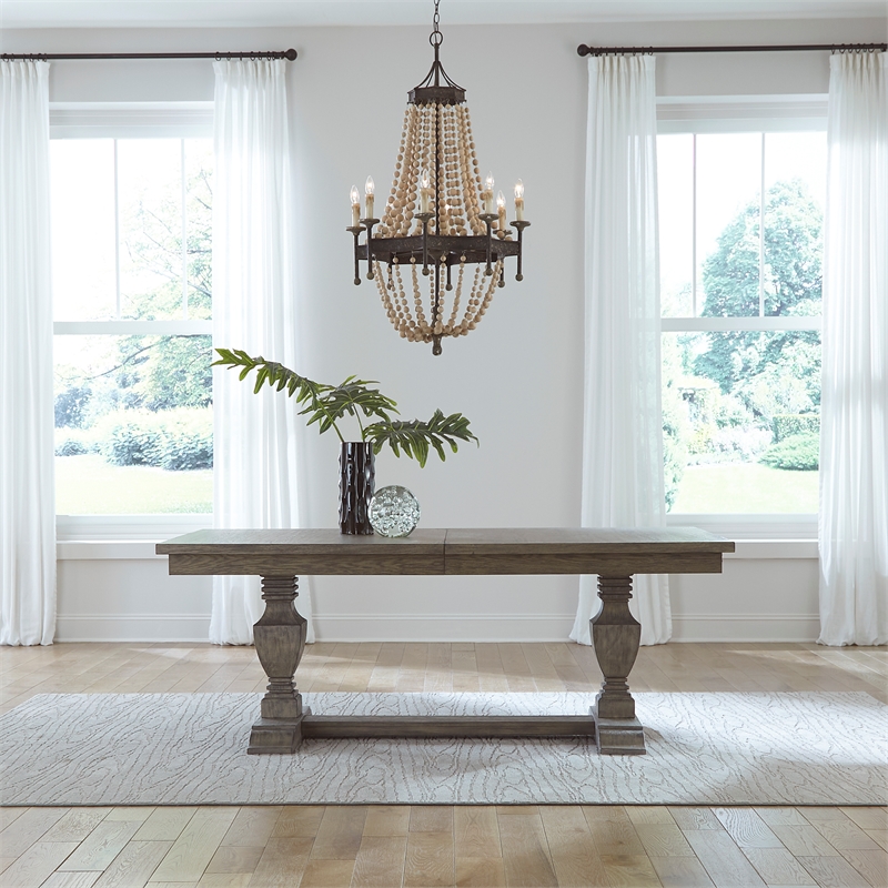 Pemberly Row Trestle Table Set with Double Pedestals in Havana Brown