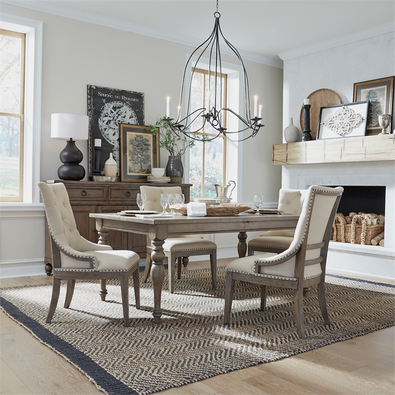 Pemberly Row Farmhouse 5 Piece Leg Table Set with Tufted Back Chairs