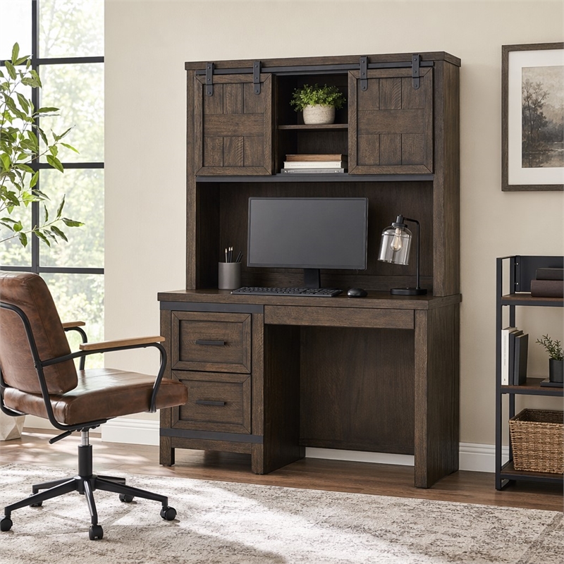 Pemberly Row Dark Gray Double Barn Door Hutch with Dovetail Drawers