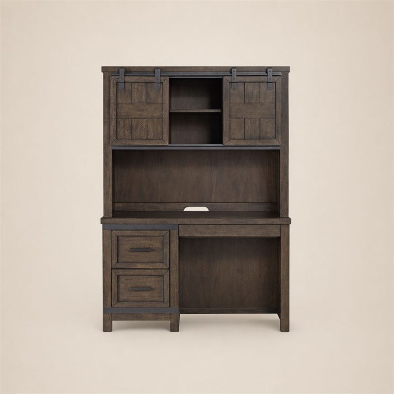 Pemberly Row Dark Gray Double Barn Door Hutch with Dovetail Drawers