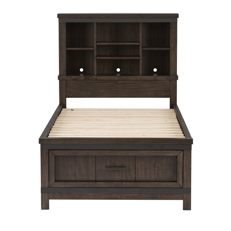 Pemberly Row Dark Gray Twin Bookcase Bed with Storage in Distressed Wood