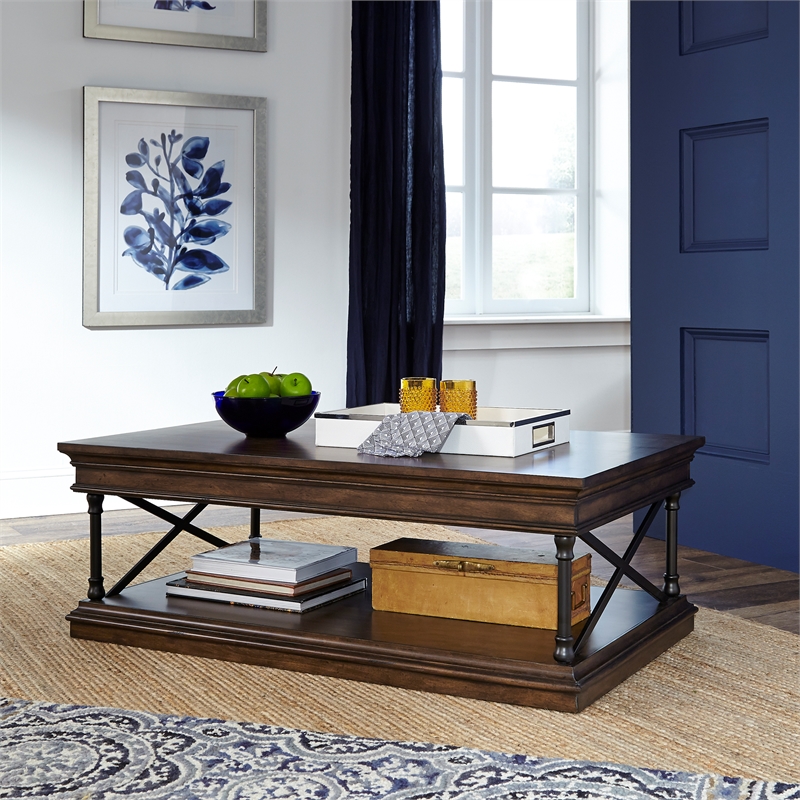 Pemberly Row Rectangular Cocktail Table with Casters and X Metal Accents