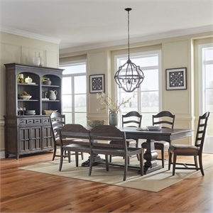 Pemberly Row 6 Piece Trestle Table Set with Ladder Back Chairs in Brown