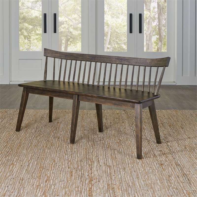 Pemberly Row Spindle Back Bench with Tapered Legs in Rustic Brown