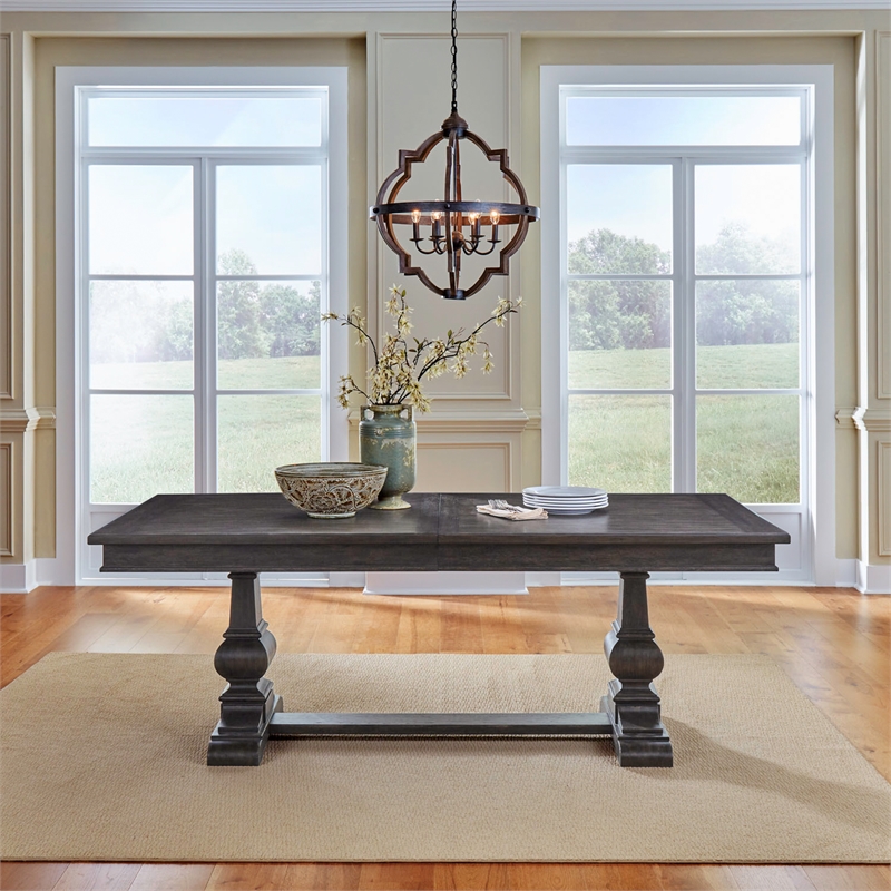 Pemberly Row Trestle Table Set with Easy Glide Leaf in Brown