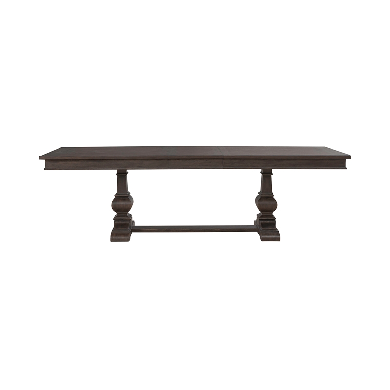 Pemberly Row Trestle Table Set with Easy Glide Leaf in Brown