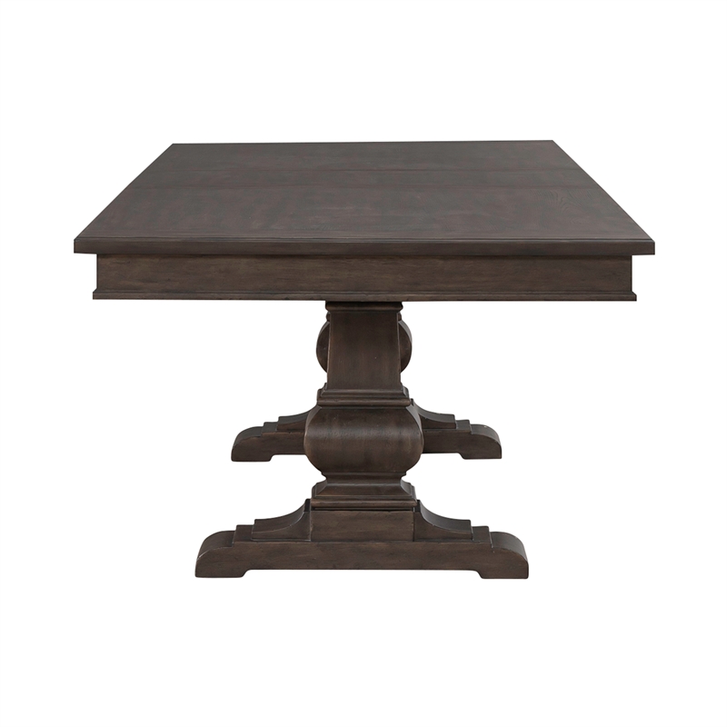 Pemberly Row Trestle Table Set with Easy Glide Leaf in Brown