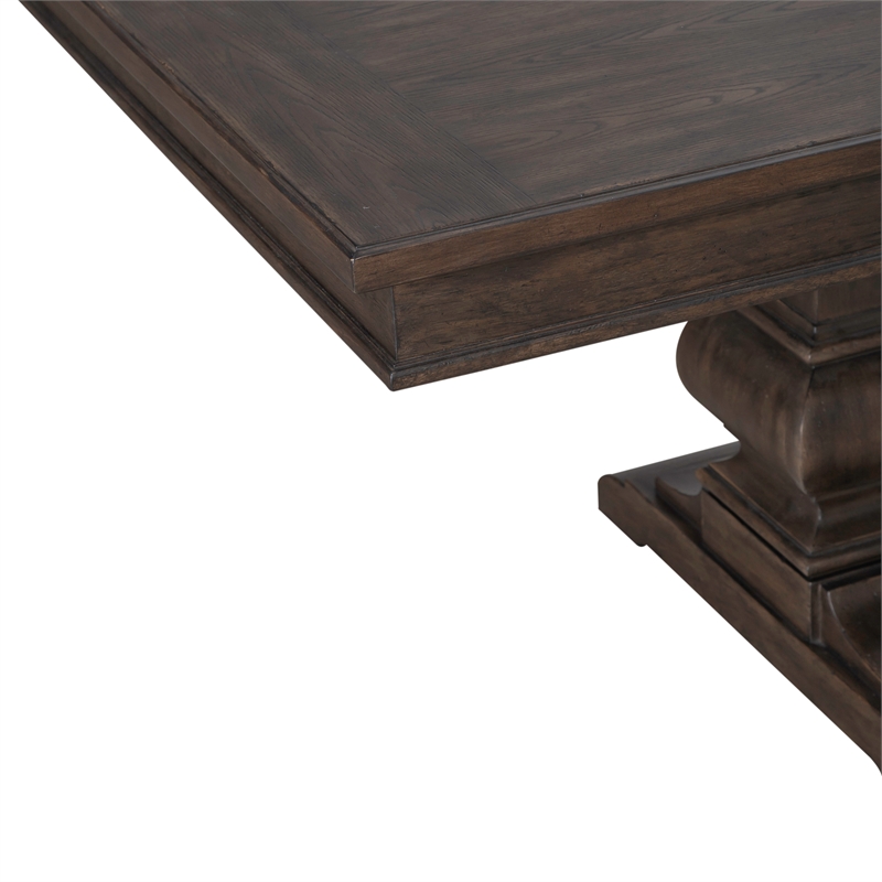 Pemberly Row Trestle Table Set with Easy Glide Leaf in Brown