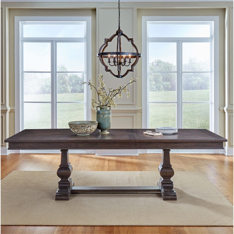 Pemberly Row Trestle Table Set with Easy Glide Leaf in Brown