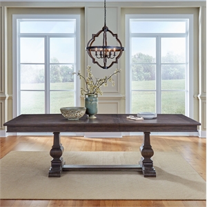 Pemberly Row Trestle Table Set with Easy Glide Leaf in Brown