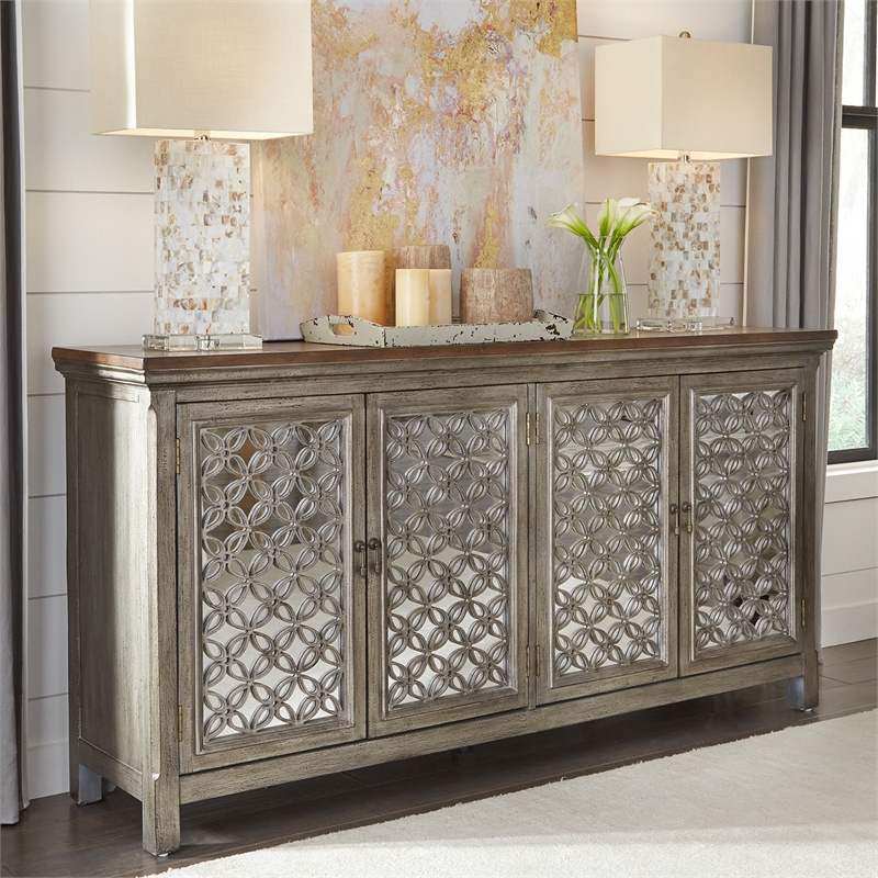 Pemberly Row Multi 4 Door Accent Cabinet with Wire Management in Brown